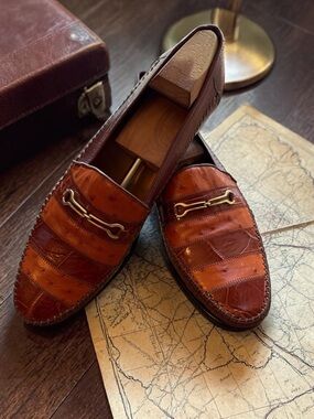 Genuine Alligator/Ostrich Leather Horse Bit Loafers- Cognac and Brown